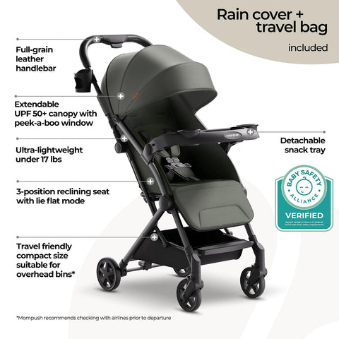 Mompush Lithe V2 Lightweight Travel Stroller Snack Tray Included, Forest