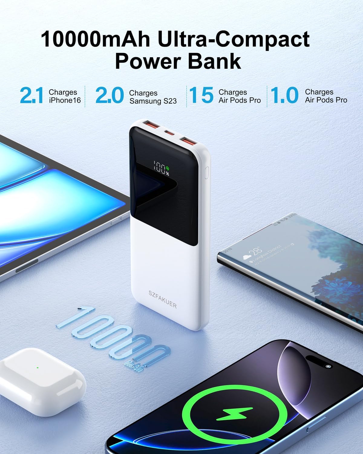 Portable Charger,Slim 10000mAh Power Bank,22.5W USB-C Fast Charging Battery Pack Compatible with iPhone 17/16/15/14/13/12 Pro Samsung Galaxy, iPad, AirPods, Android Tablets (White)
