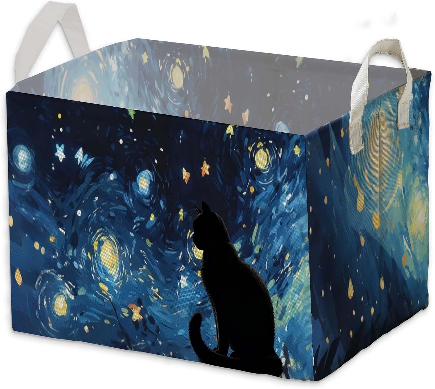 Starry Night Black Cat Toy Basket, Closet Shelf Organizer Baskets for Nursery Decor, Bathroom, Bedroom, Home Decor Gift Basket Large Squarecanvas Laundry Hamper With a Waterproof PE Coating, Foldable