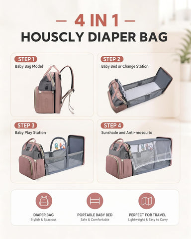 houscly Diaper Bag Backpack with Changing Station, 25L Large Capacity