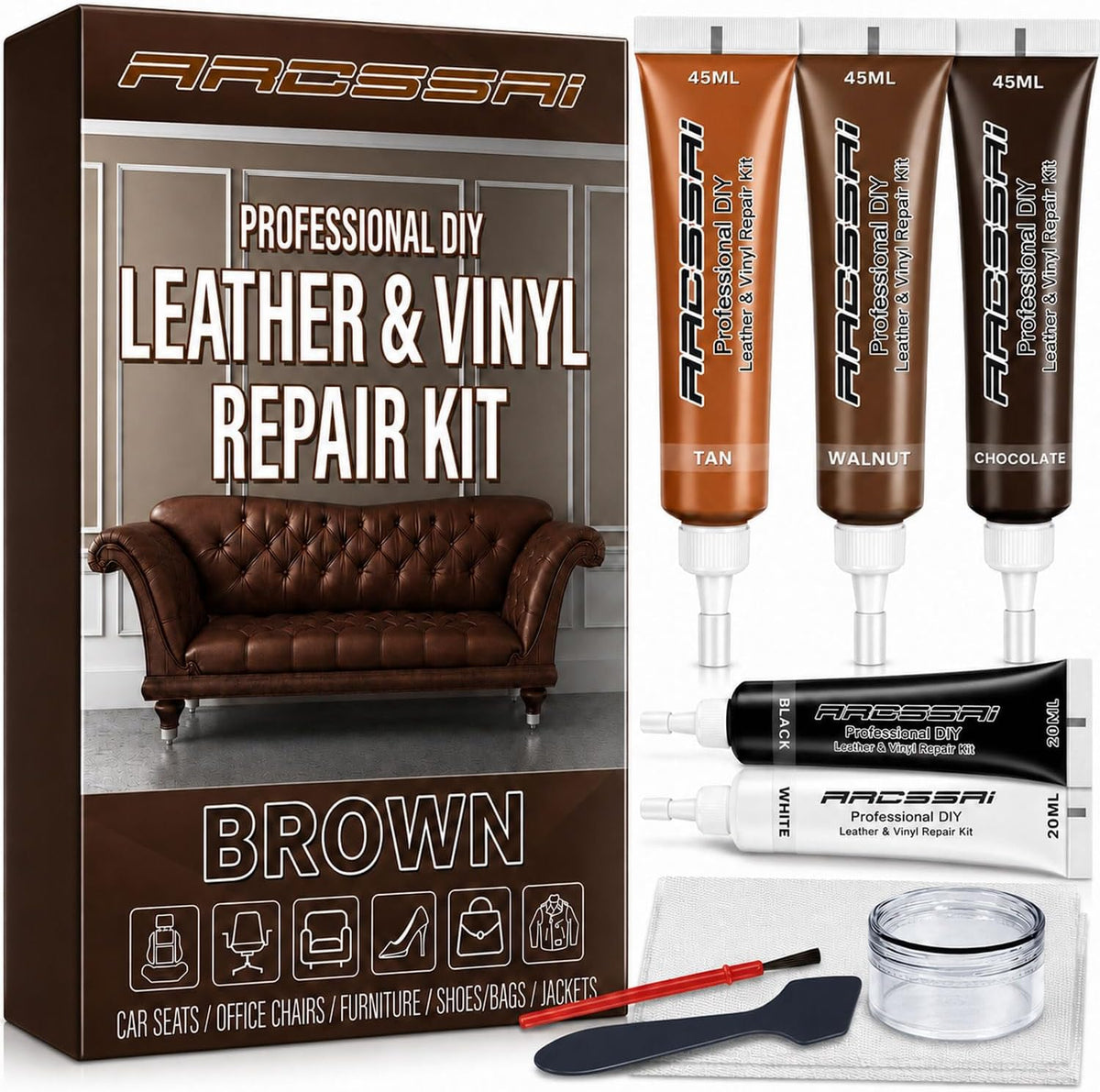 Brown Leather Repair Kit for Furniture & Couches, Car Seat Vinyl Repair Kit