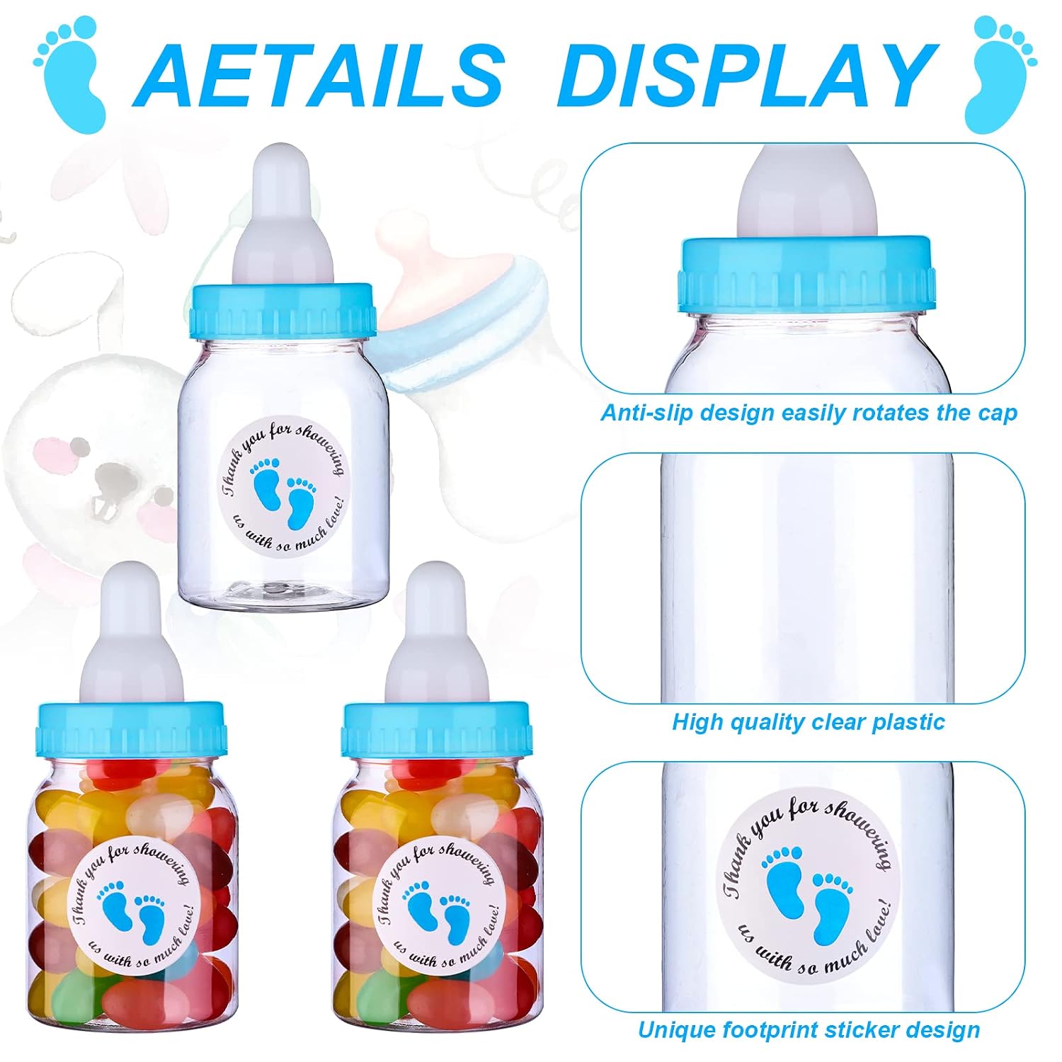 62 Pcs 3.5 Inch Baby Mini Milk Bottle Baby Shower Favor with 500 Adhesive Thank You for Showering Stickers, Small Plastic Candy Bottle DIY Gift for Boy Girl Newborn Baptism Party Decor (Blue)