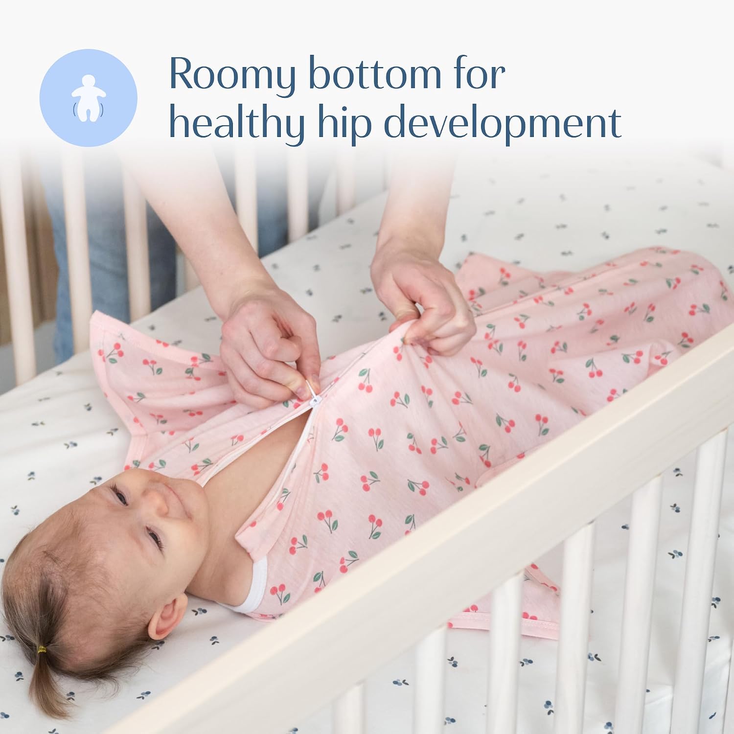 SleepingBaby Zipadee-Zip Transition Swaddle - Cozy Baby Swaddle Blanket with Zipper Convenience - Roomy Wearable Blanket for Easy Diaper Changes - Cherries, Medium (6-12 Month)