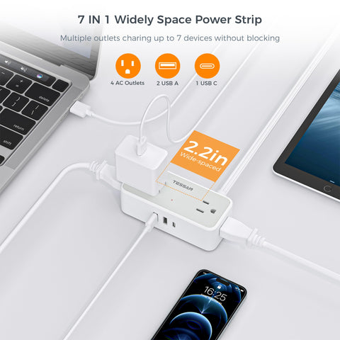 Surge Protector Power Strip, TESSAN Flat Extension Cord 5 Ft with 4 Outlets 3 USB(1 USB C) Charging Ports, Power Strips with Surge Protection, Wall Mount for Office, Home, Dorm Essentials