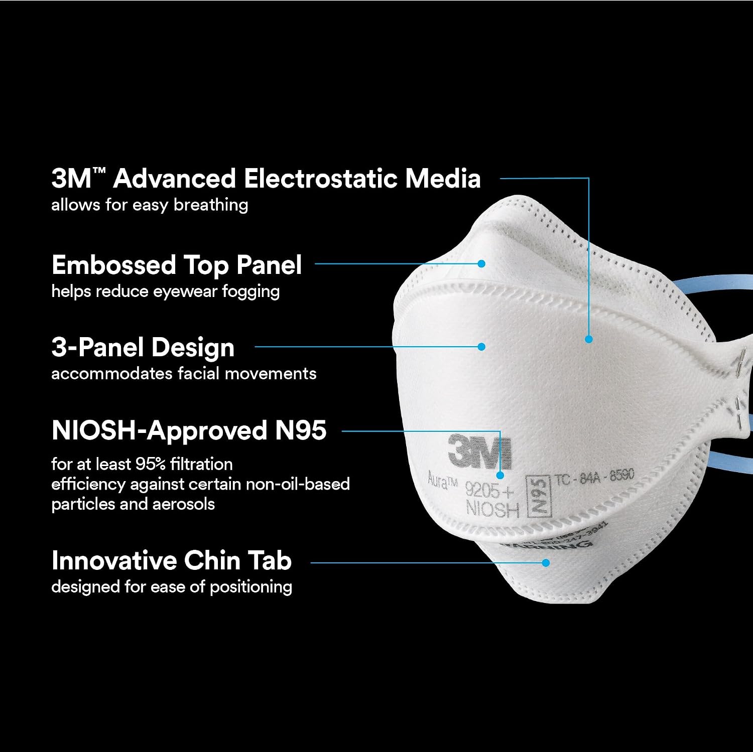 3M Aura Particulate Respirator 9205+, N95 Disposable Respirator, 3 pk