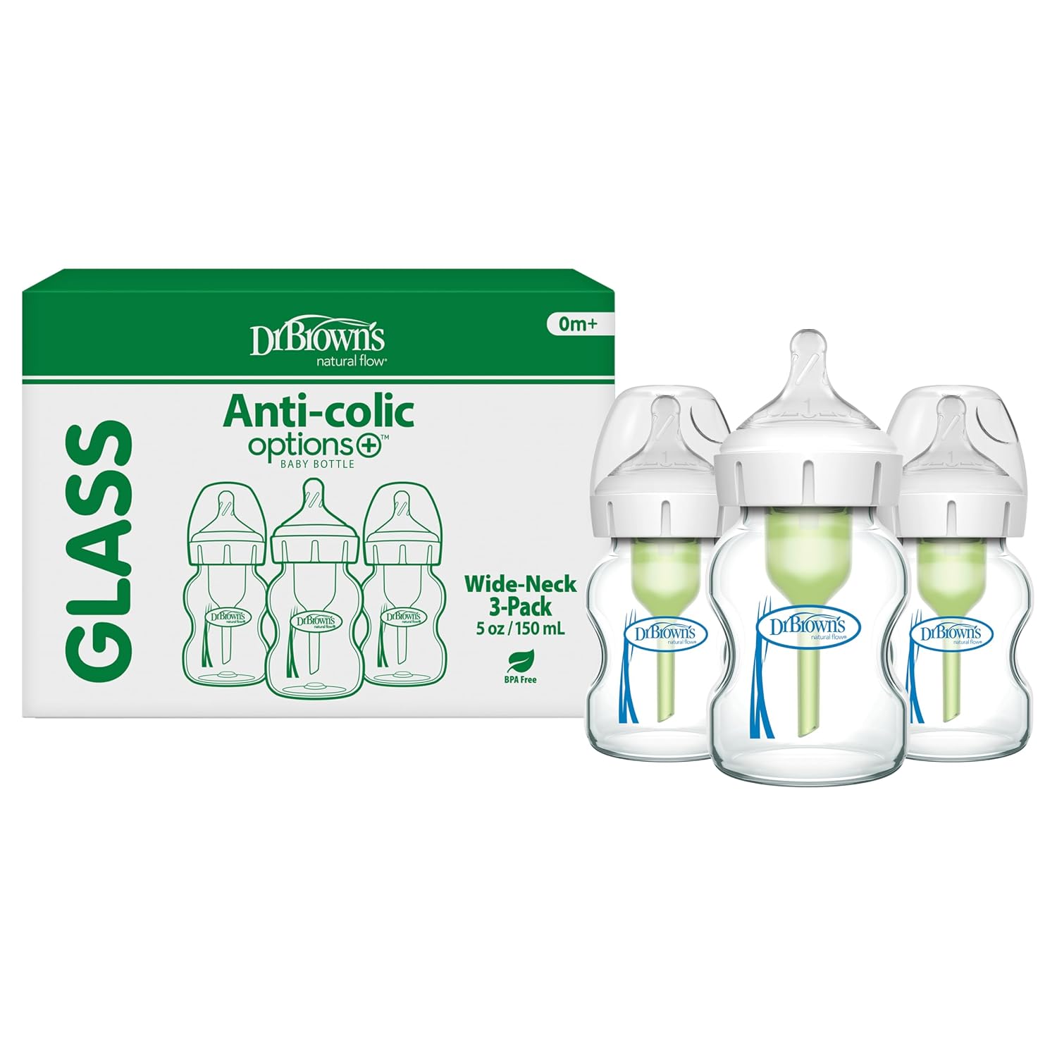 Dr. Brown's Anti-Colic Options+ Wide-Neck Glass Baby Bottle, 5 oz, 3-Pack