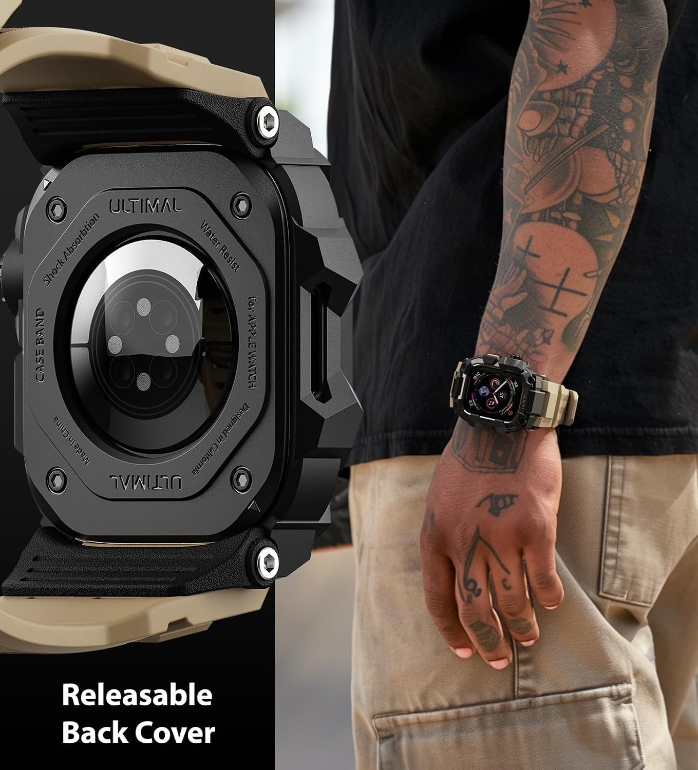 ULTIMAL Rugged Case with Band for Apple Watch 44mm,Compatible with Apple Watch Series SE 3/SE 2/SE Generation/6/5/4, Military Grade Shockproof Bumper Cover for iWatch Tactical Band Men (44mm,Desert Yellow)