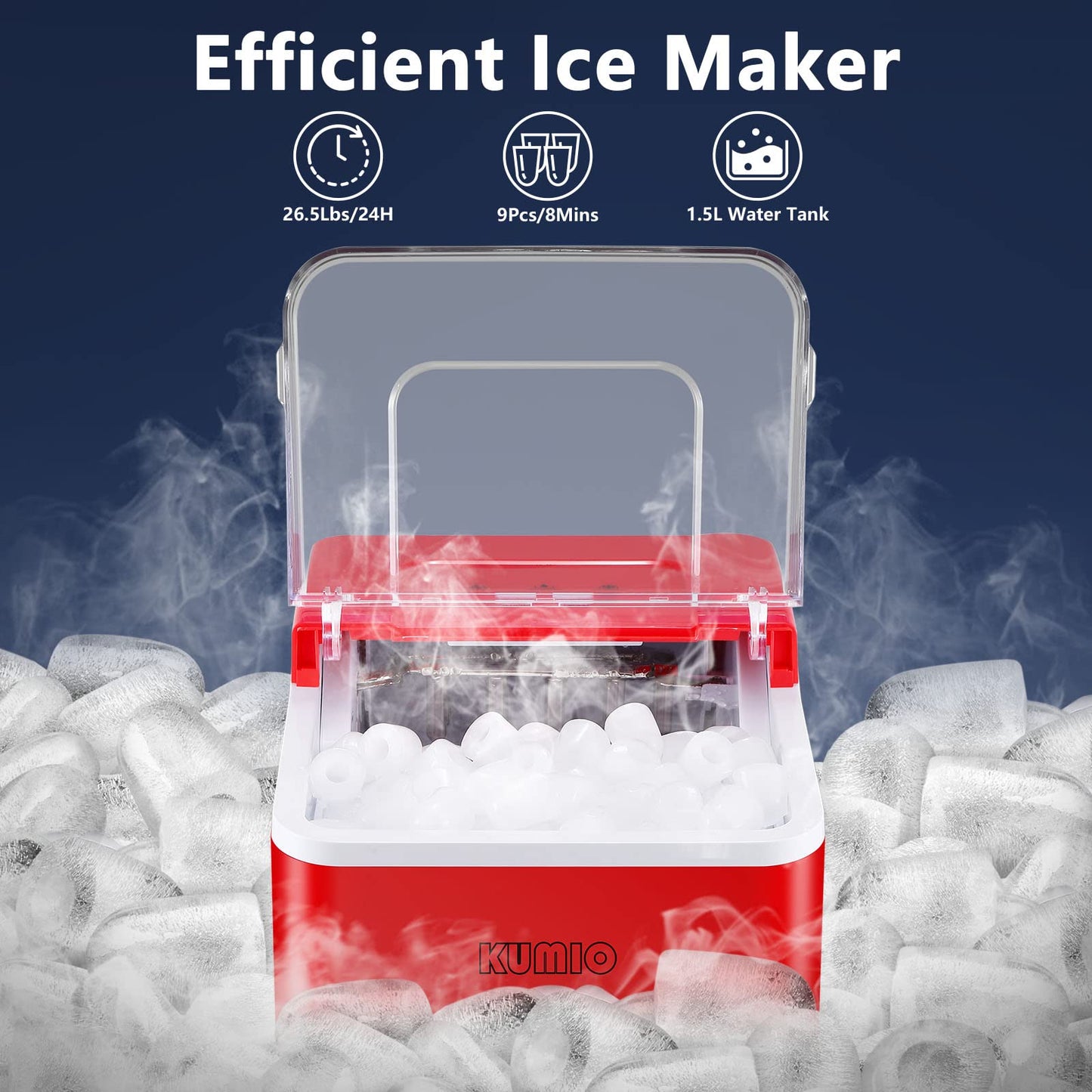 KUMIO Countertop Ice Maker, 9 Bullet Ice Fast Making in 6-8 Mins, 26.5 lbs in 24 hrs, Self-Cleaning Ice Makers Countertop, Quiet Ice Machine with Ice Scoop & Basket, Red