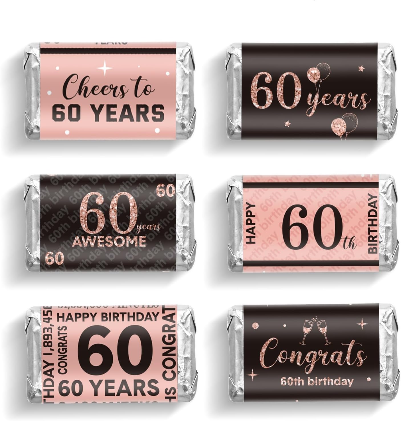 Tenare 90 Pcs 60th Birthday Candy Wrappers, Pink Stickers
