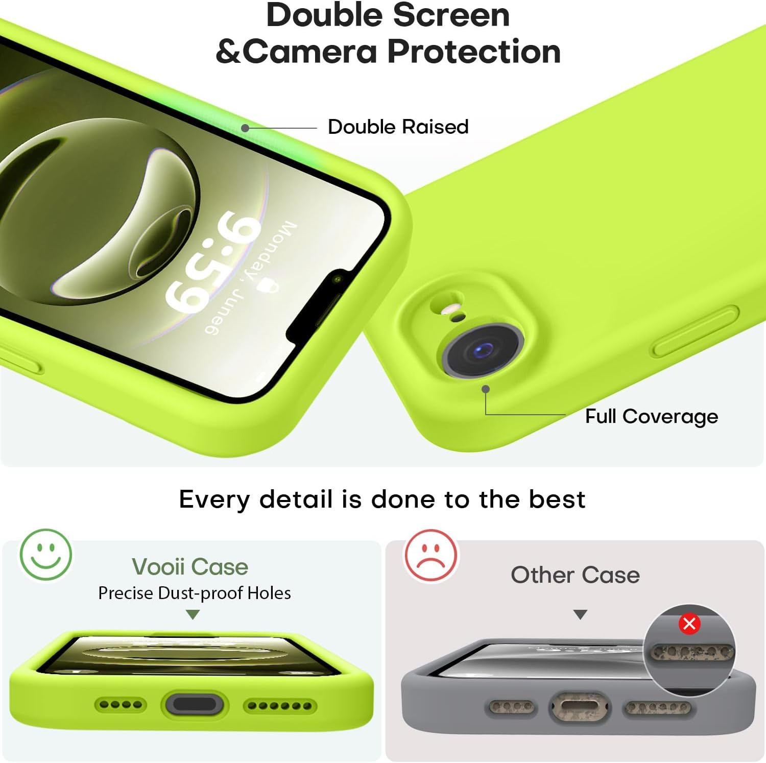 Vooii Compatible with iPhone 17e Case and for iPhone 16e Case, Liquid Silicone Upgrade [Camera Protection] [Anti-Scratch Microfiber Lining] Shockproof Phone Case for iPhone 17e/16e - Fluorescent Green
