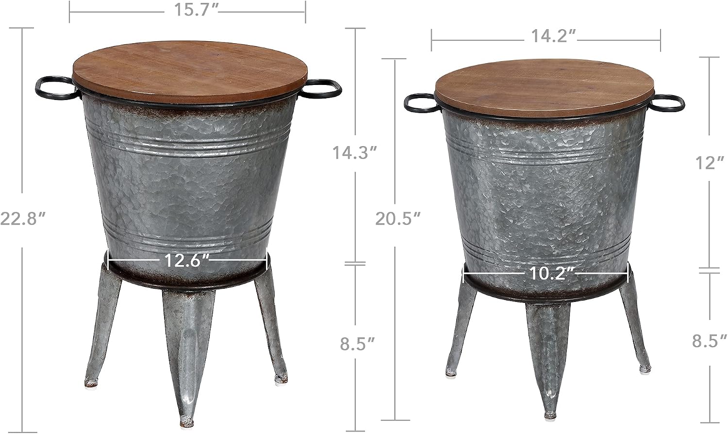 RUSTOWN Farmhouse Side Tables Set of 2, Galvanized Metal Bucket End Table