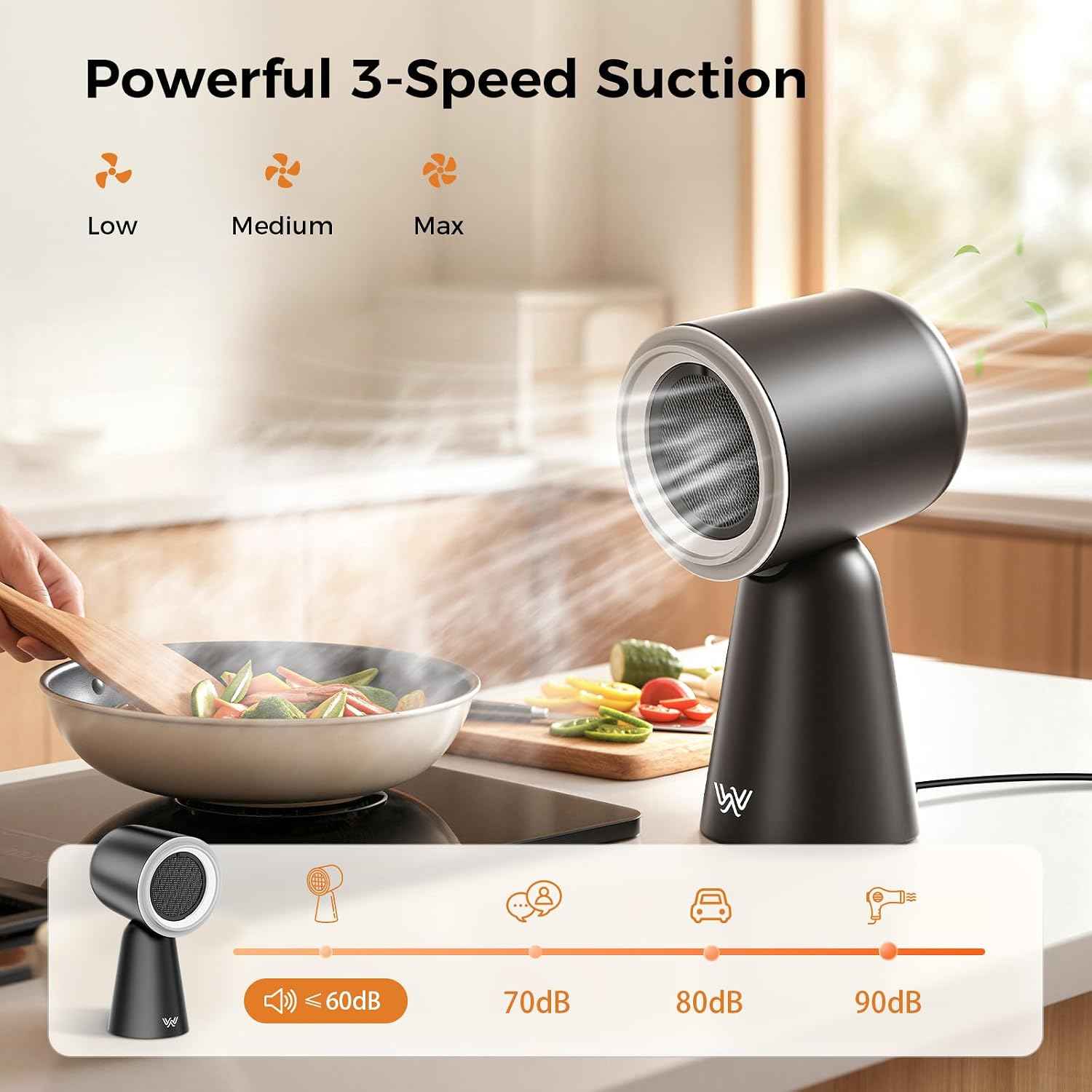Portable Range Hood with Light, Desktop Kitchen Exhaust Fan with Water Washing Self-Cleaning Mode, 12° Adjustable Head, 3-Speed, Low Noise, Ideal for Apartment, RV, Indoor Hot Pot and BBQ (Black)