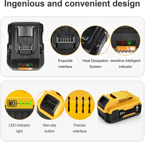 20v Max Battery Replacement for Dewalt Battery 5.0Ah with DCB112 Battery Charger Station for DCB200 DCB120 Black