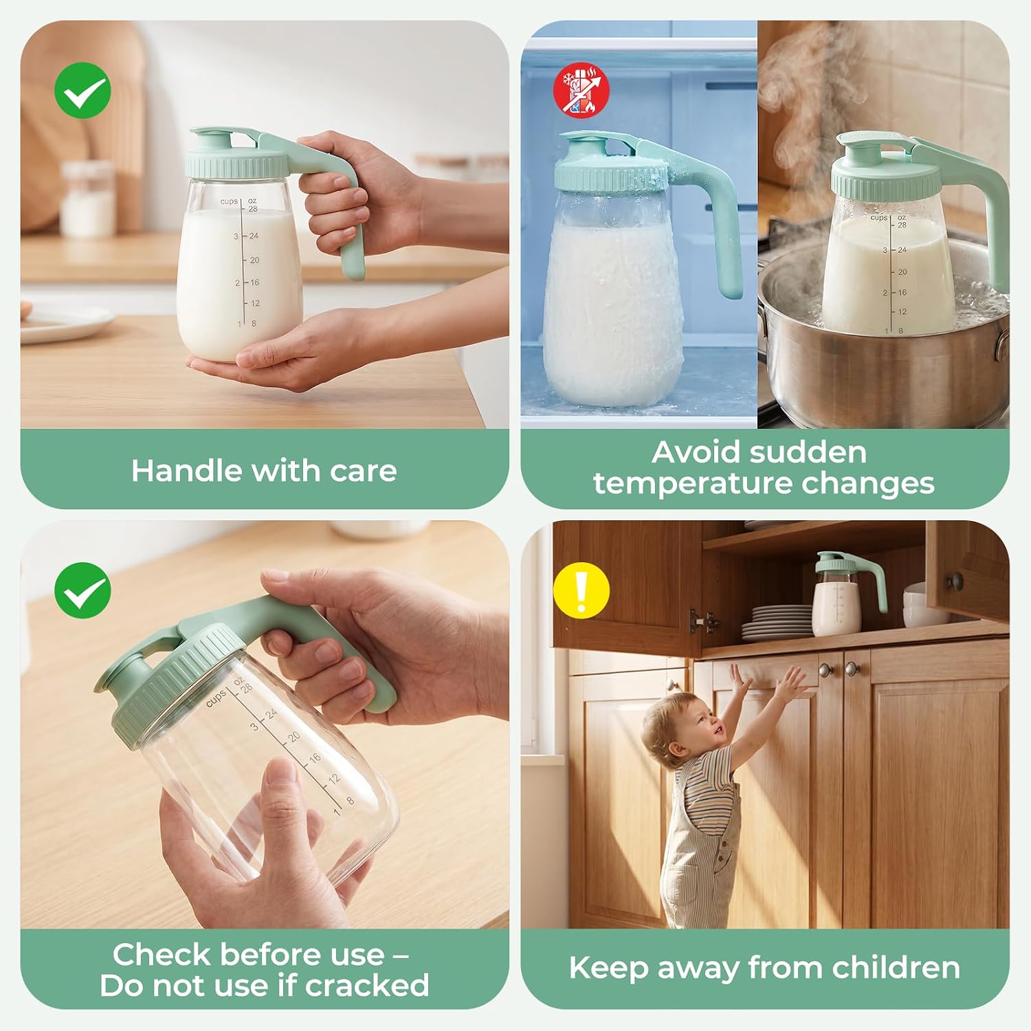 Momcozy Breast Milk Pitcher, Glass Storage Container Wide Mouth, 32oz Green