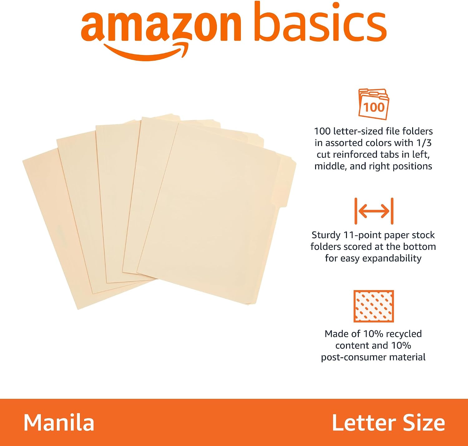 Amazon Basics Sturdy File Folders with Reinforced Tabs for Filing and Organization, 1/3-Cut Tab, Assorted Positions, Letter Size, 8.5x11 inches, Manila, 100-Pack