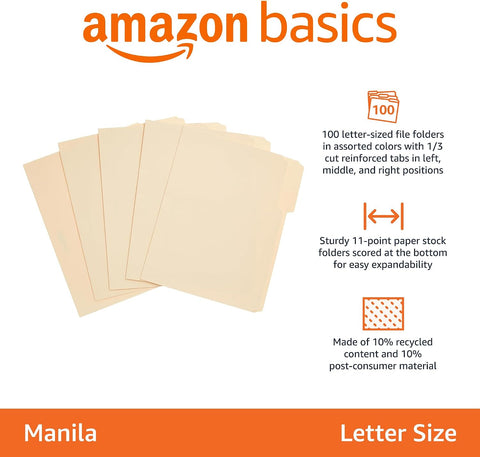 Amazon Basics Sturdy File Folders with Reinforced Tabs for Filing and Organization, 1/3-Cut Tab, Assorted Positions, Letter Size, 8.5x11 inches, Manila, 100-Pack