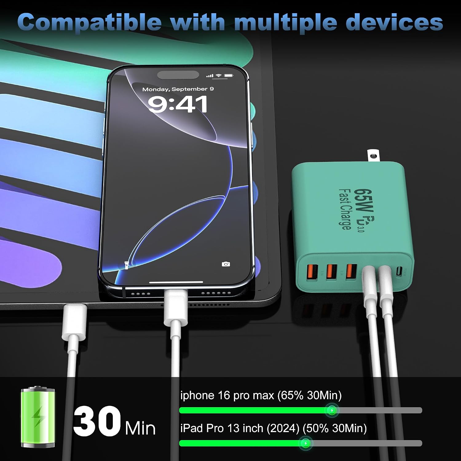 65W USB C Charger Block,6-Port Multi Device Fast Charger PD QC Wall Adapter