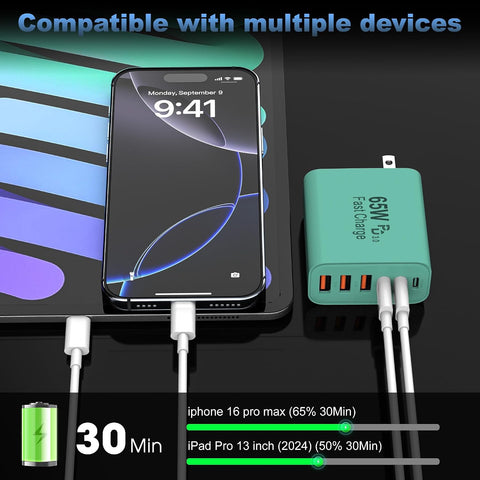 65W USB C Charger Block,6-Port Multi Device Fast Charger PD QC Wall Adapter