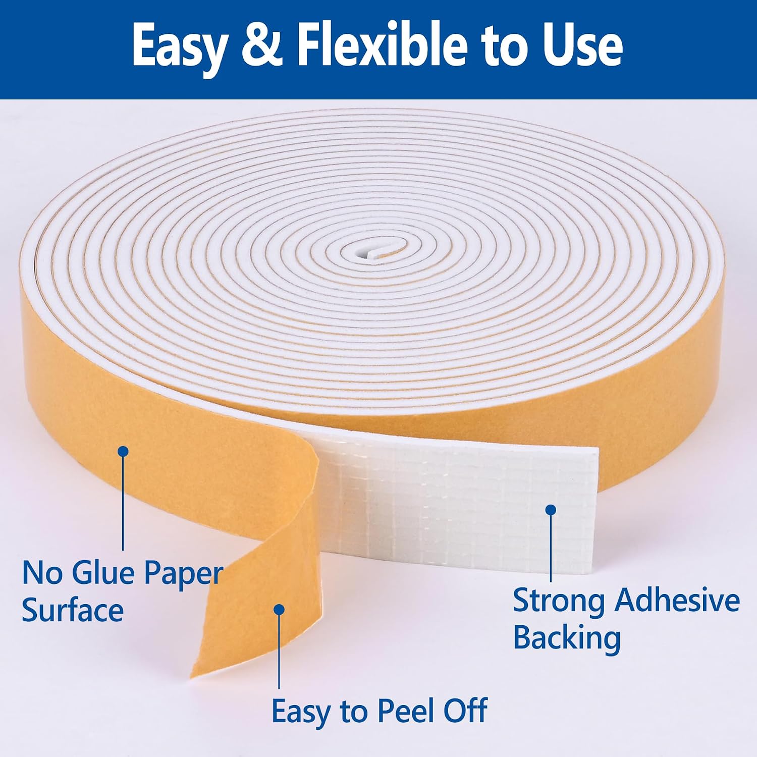 Kikerike Self Adhesive Foam Tape Weatherstrip 1/2in x 1/2in x 16.5Ft High Density Foam Insulation Strips Seal Weather Stripping with Strong Adhesive for Door and Window Sound Isolation Soundproofing
