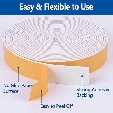 Kikerike Self Adhesive Foam Tape Weatherstrip 1/2in x 1/2in x 16.5Ft High Density Foam Insulation Strips Seal Weather Stripping with Strong Adhesive for Door and Window Sound Isolation Soundproofing