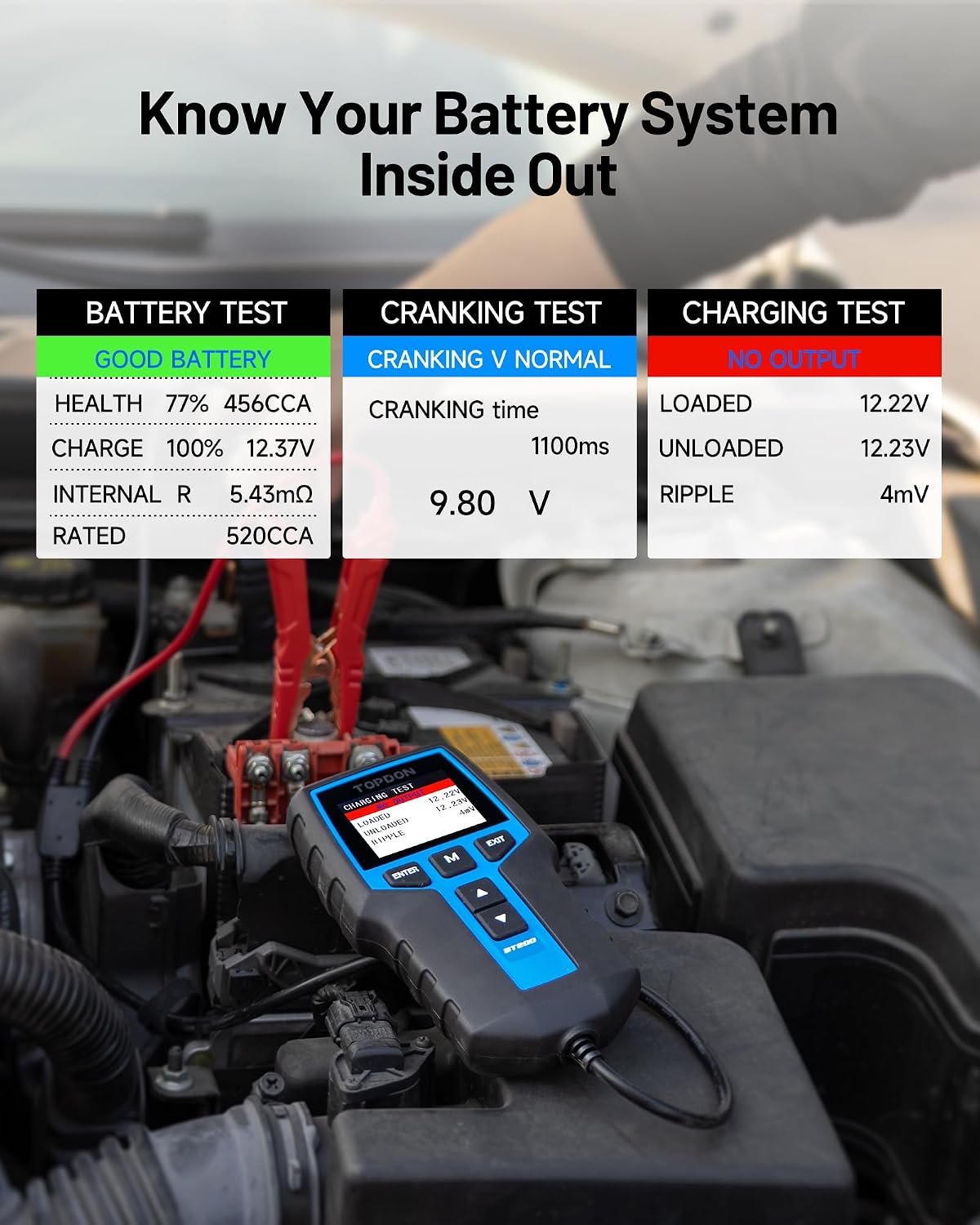 TOPDON BT200 Car Battery Tester, 12V/24V, 100-2000 CCA Load Tester