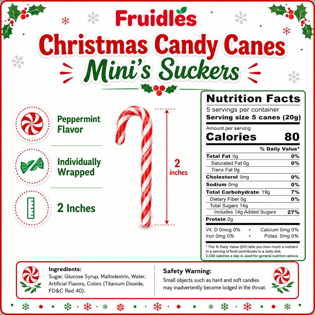 800 Count Christmas Mini Candy Canes Mini Suckers, Peppermint Flavor, individually Wrapped, 2 inches, 4.42 Ounces