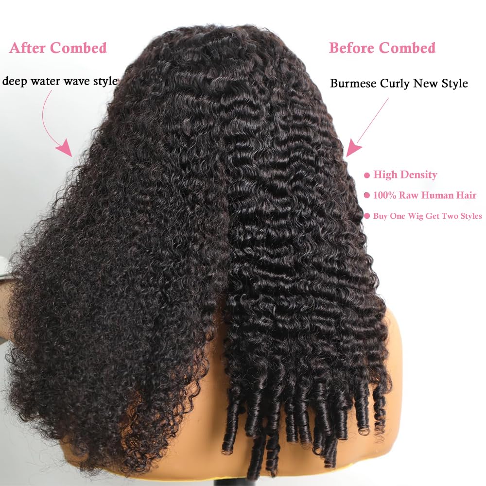 Burmese Curly Wig Human Hair 13x6 Lace Front Wigs Human Hair 250 Density HD Lace Frontal With Drawstring Wigs Pre Plucked Virgin Remy Hair with Spiral End Natural Color 20 Inch
