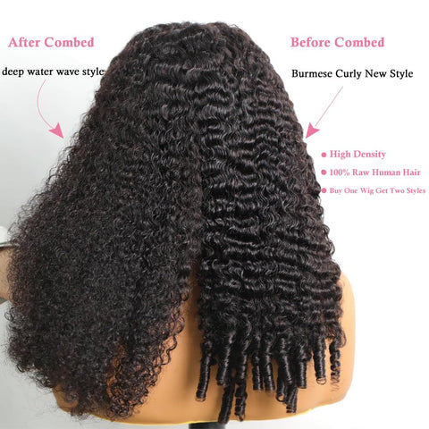 Burmese Curly Wig Human Hair 13x6 Lace Front Wigs Human Hair 250 Density HD Lace Frontal With Drawstring Wigs Pre Plucked Virgin Remy Hair with Spiral End Natural Color 20 Inch