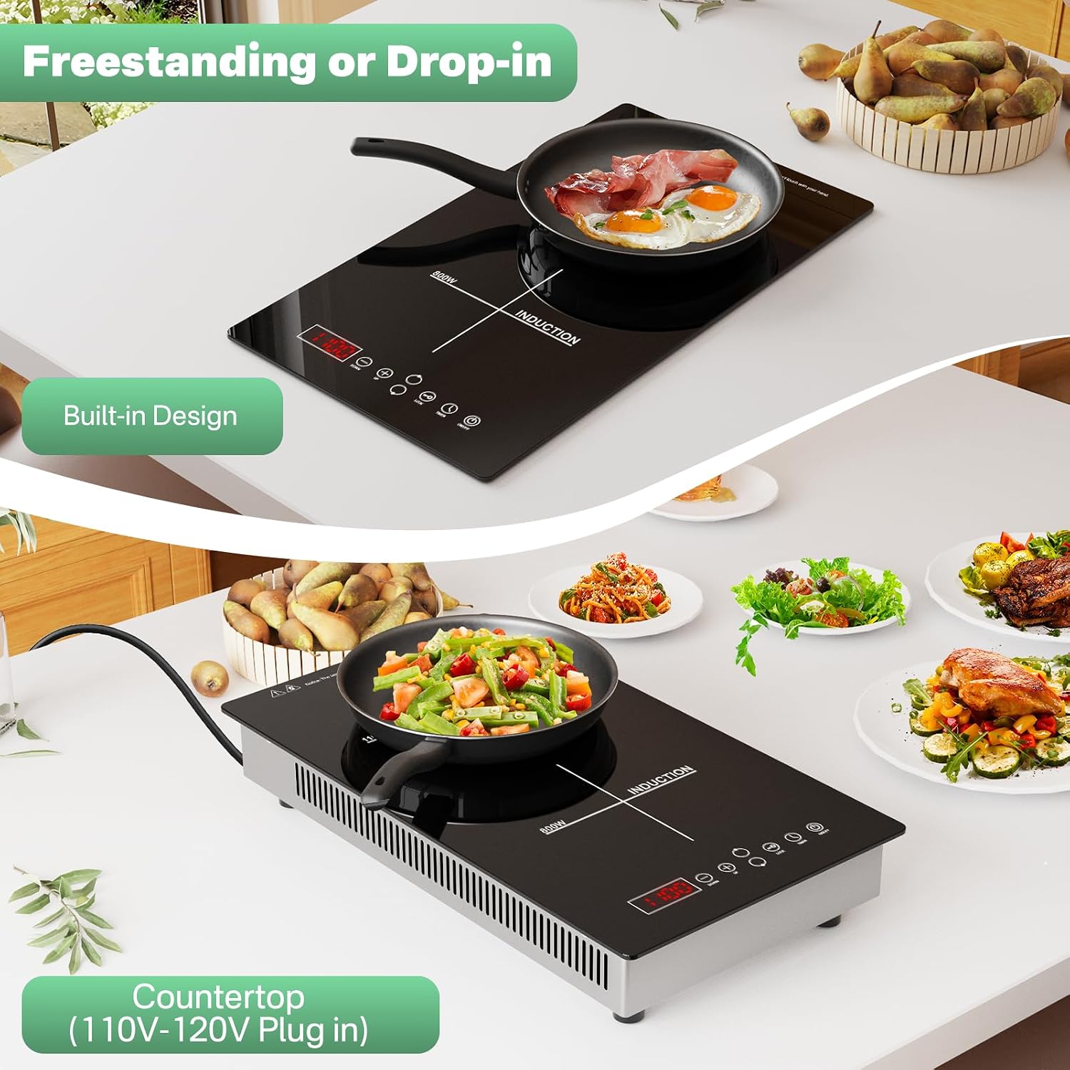 1900W 2 Burner Induction Cooktop Portable Built-in