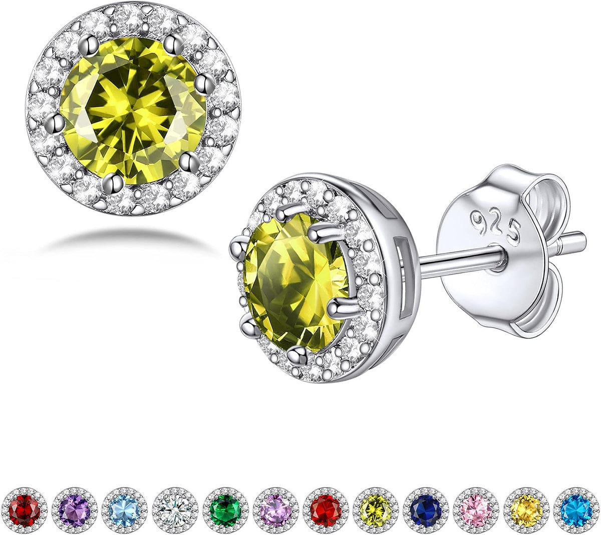 Bestyle Sparkling 925 Sterling Silver Birthstone Stud Earrings for Women, Heart/Round/Teardrop/Square Solitaire Diamond Studs Earrings, Great Birthday/Christmas Gifts
