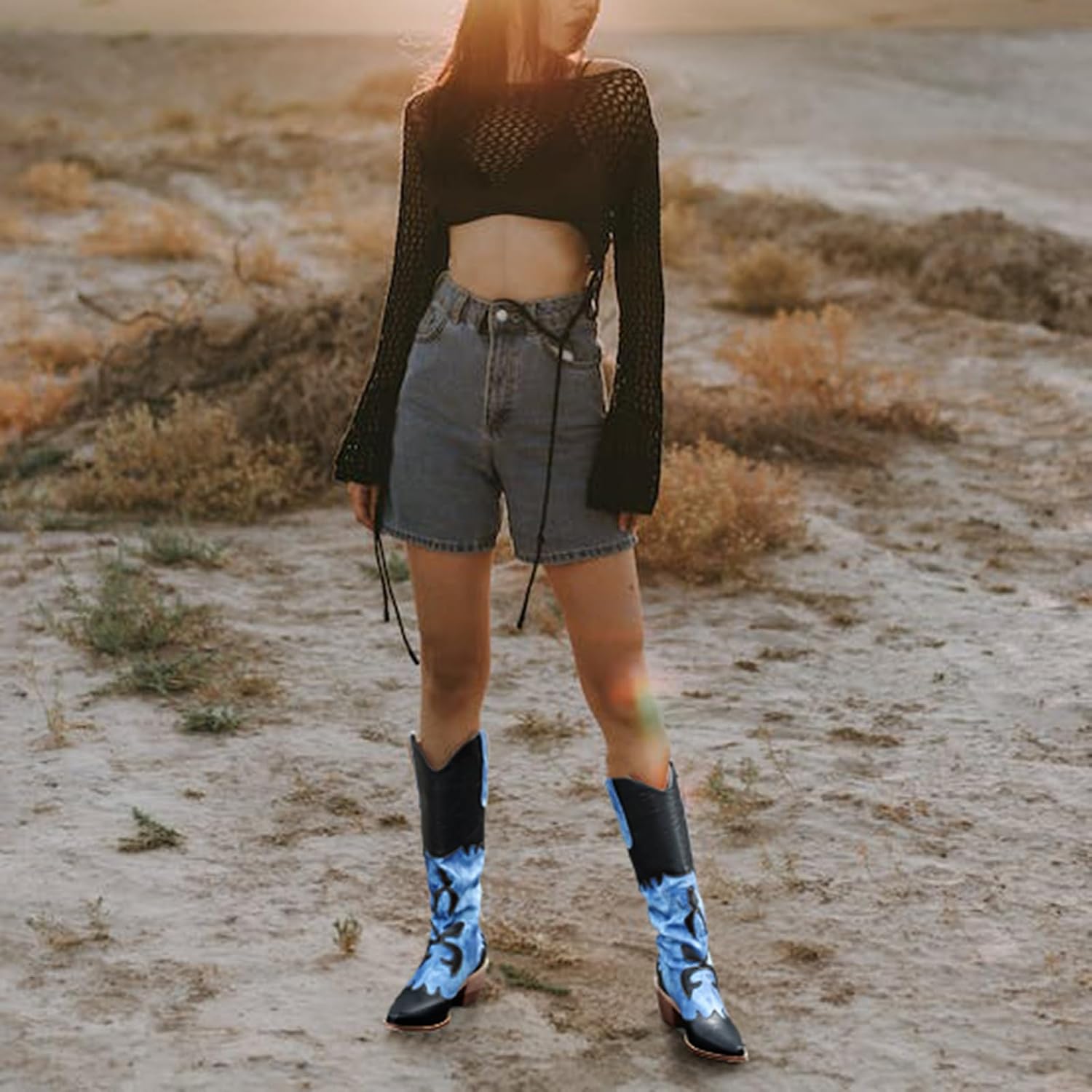 Cozivwaiy Women Denim Cowboy Boots Patchwork Knee High Boots Jean Blue Cowgirl Boot Western Mid Calf Jeans Shoes Pointed Toe Chunky Heel Pull On