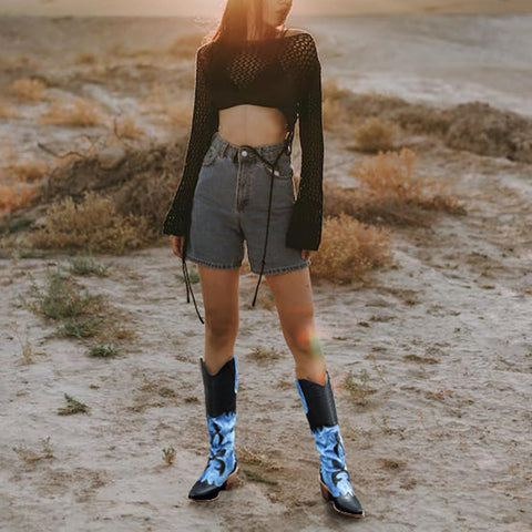 Cozivwaiy Women Denim Cowboy Boots Patchwork Knee High Boots Jean Blue Cowgirl Boot Western Mid Calf Jeans Shoes Pointed Toe Chunky Heel Pull On