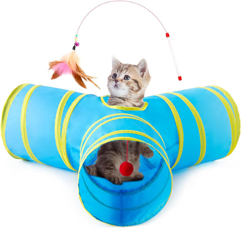 Tempcore Cat Tunnel, 3-Way Collapsible Toy for Indoor Cats, Blue & Yellow