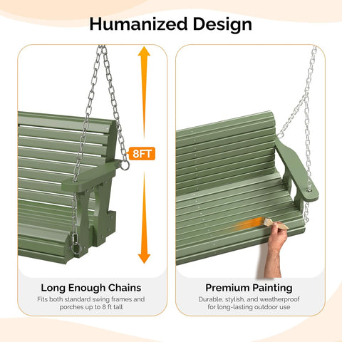 VINGLI 2026 Upgraded 4 FT Wooden Porch Swing, 880 LBS Heavy Duty, Green