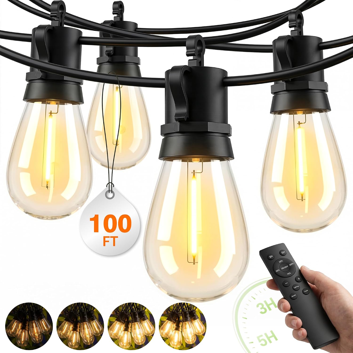 Outdoor String Lights Patio Light - 100Ft Outside Waterproof Dimmable Bulbs