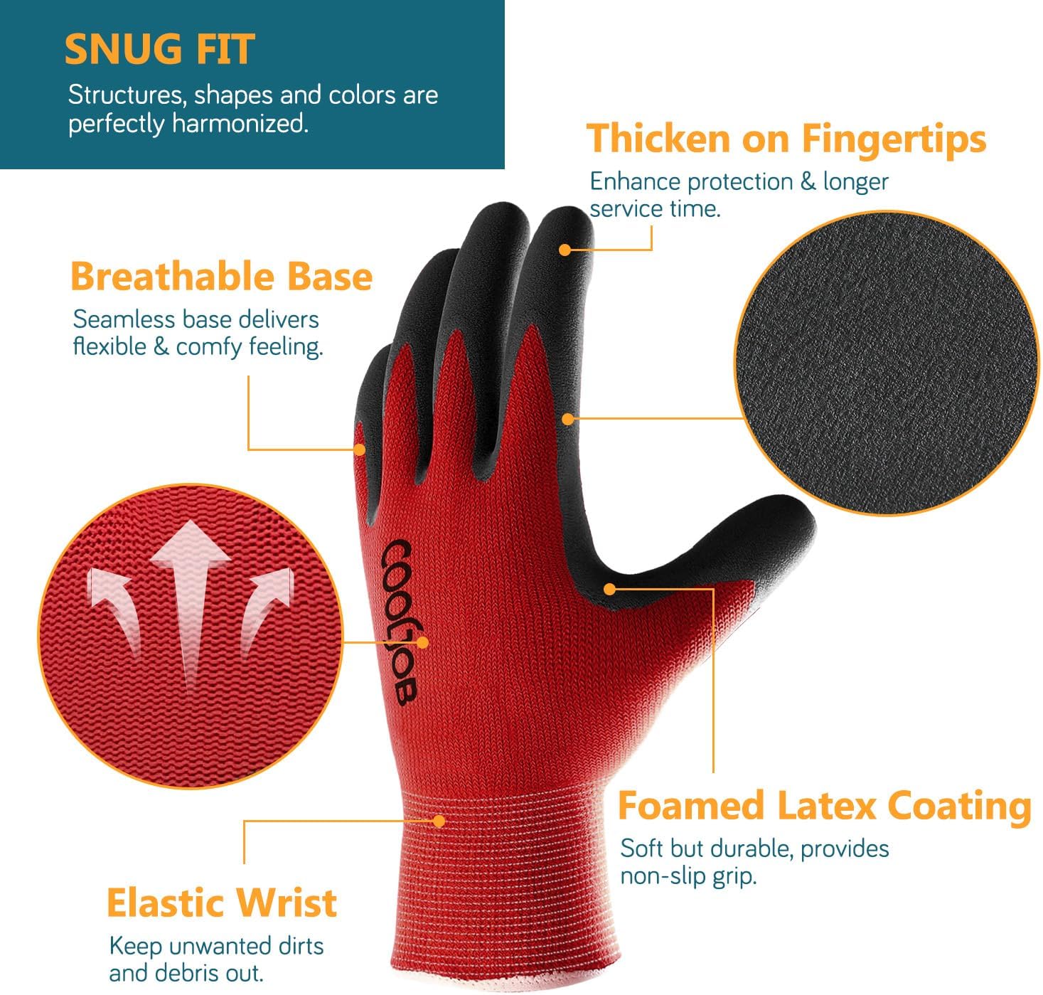 COOLJOB 6 Pairs Gardening Gloves for Men, Breathable Rubber Coated, Large
