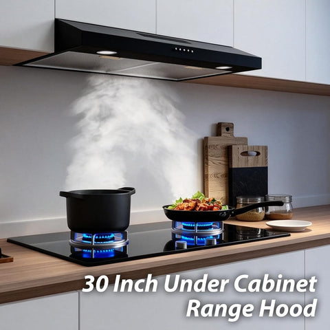 30 Inch Under Cabinet Range Hood, Ducted/Ductless Convertible Kitchen Vent Hood, Stainless Steel Stove Vent Hood in Black Finish, LED Light,3 Speed Exhaust Fan, Button Control, 300CFM