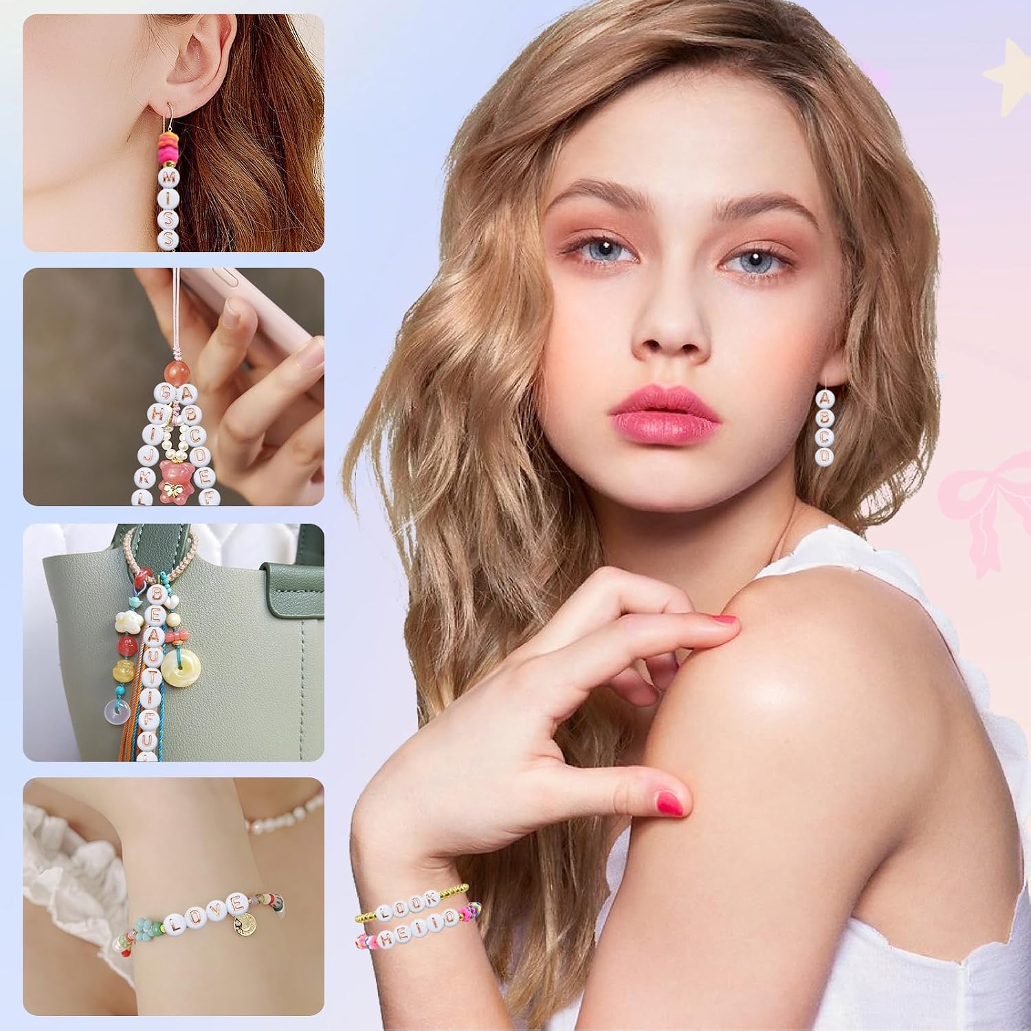 Looconi 1400pcs Rose Gold Letter Beads 4x7mm White Round Acrylic Alphabet A-Z Heart Pattern Beads and Crystal Line for Jewelry Making Bracelets Necklaces Key Chains
