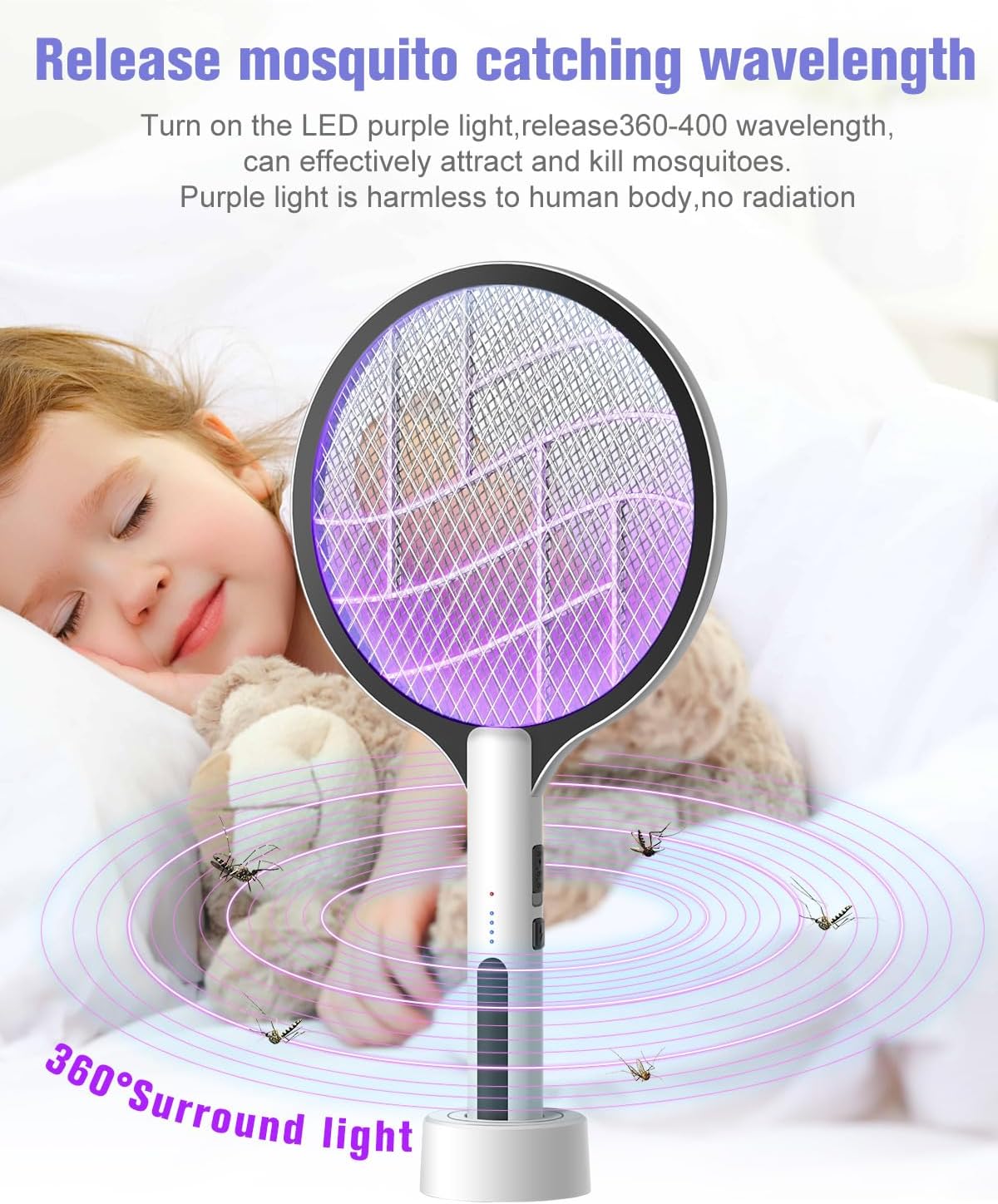 2PACK Electric Fly Swatter 4500V Bug Zapper Racket, 2 in 1 Handheld Fly Zapper & Purple Mosquito Killer Rechargeable and 3-Layer Safety for Indoor Home Office Backyard Patio Camping