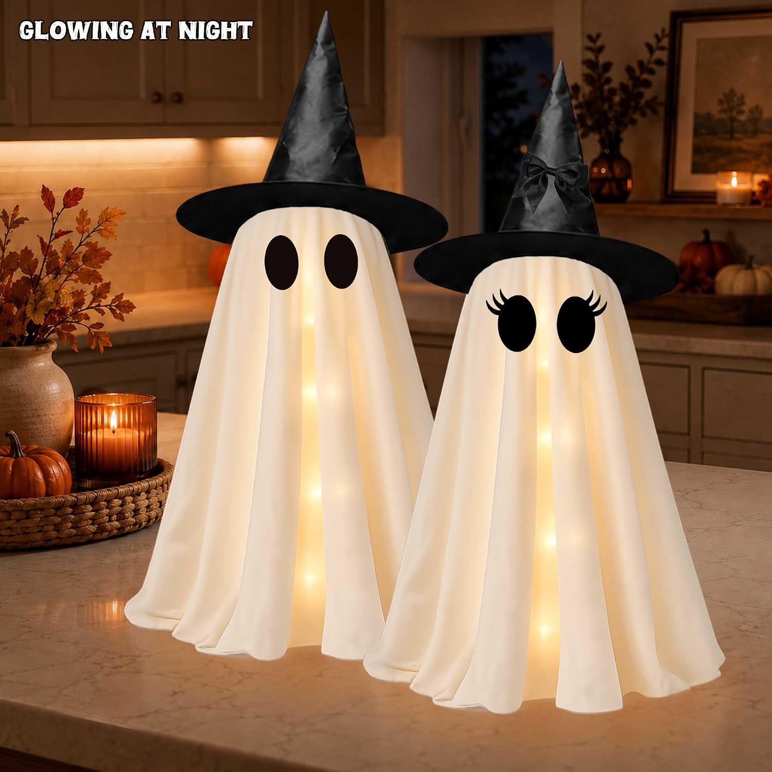 2 Pack 24 Inch Halloween Ghost Decorations, Light Up Ghosts with Witch Hats, DIY Spooky Ghost Decor with LED Lights for Porch Yard Lawn Garden Home Halloween Party