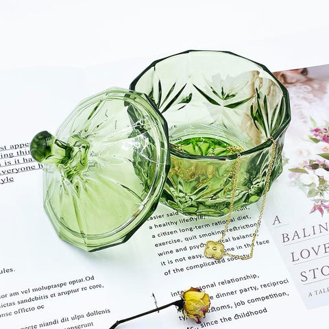 8oz Glass Candy Dish with Lid,Small Crystal Chrismas Candy Jar,Cotton Round Holder,Office,Bathroom,Dining Room Organizer(Olive Green)