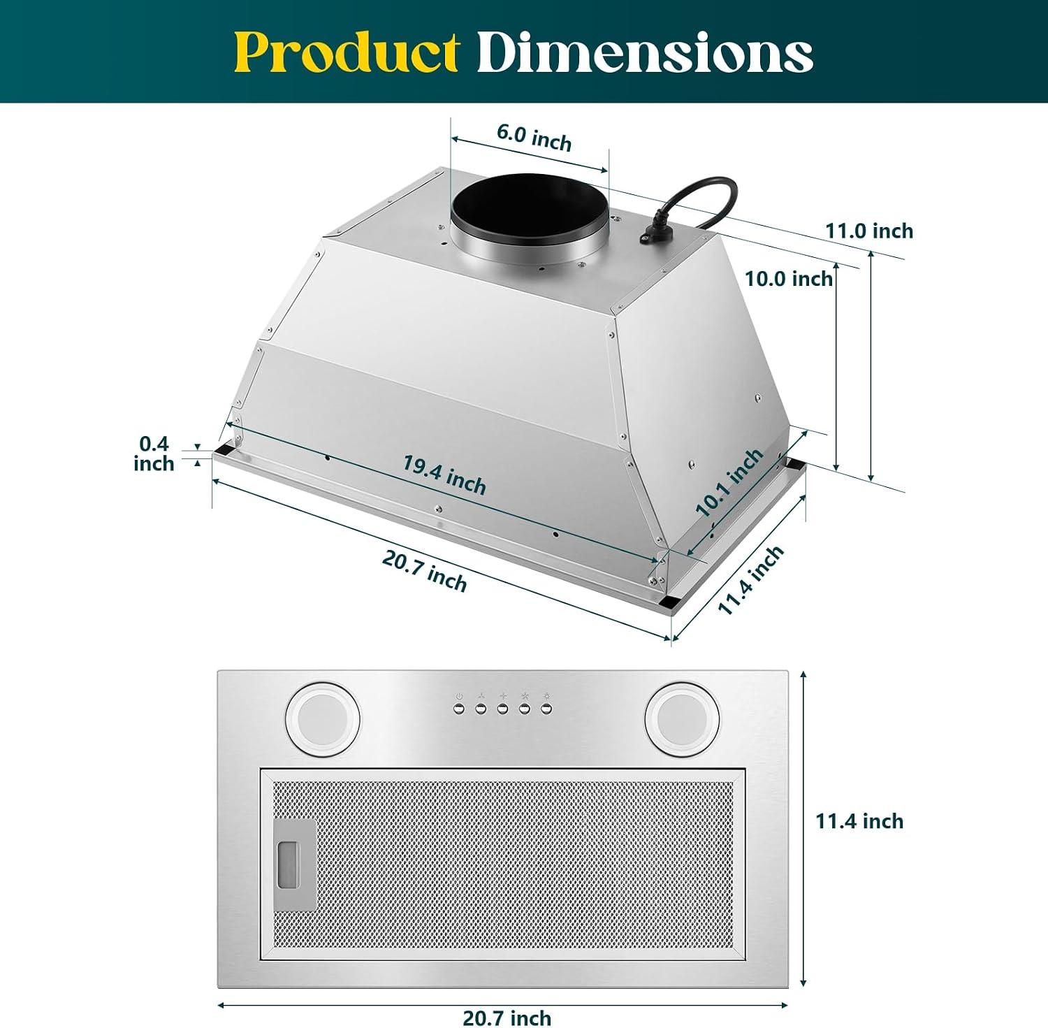 Range Hood Insert 20 inch, Built-in Kitchen Hood 600 CFM