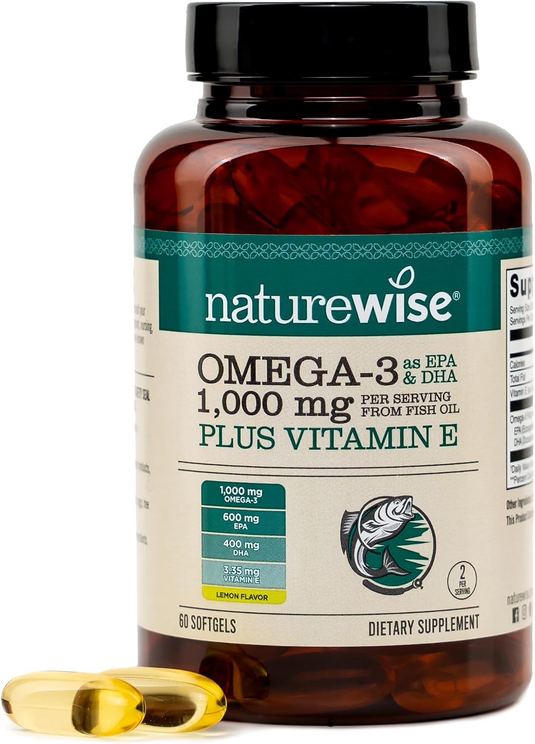 NatureWise Extra-Strength Omega 3 Fish Oil Supplement - 1000mg per Serving - 600 EPA & 400 DHA and Vitamin E - Sustainably Sourced Fish Oil - Lemon Flavor - 60 Softgels[1-Month Supply]