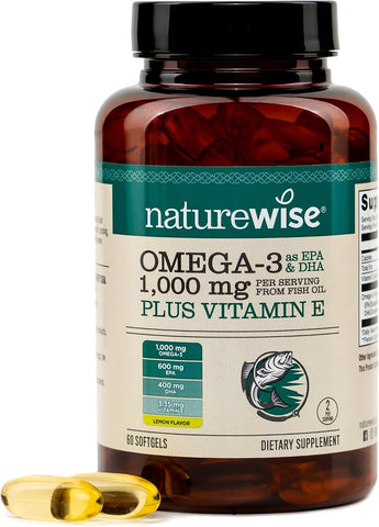 NatureWise Extra-Strength Omega 3 Fish Oil Supplement - 1000mg per Serving - 600 EPA & 400 DHA and Vitamin E - Sustainably Sourced Fish Oil - Lemon Flavor - 60 Softgels[1-Month Supply]