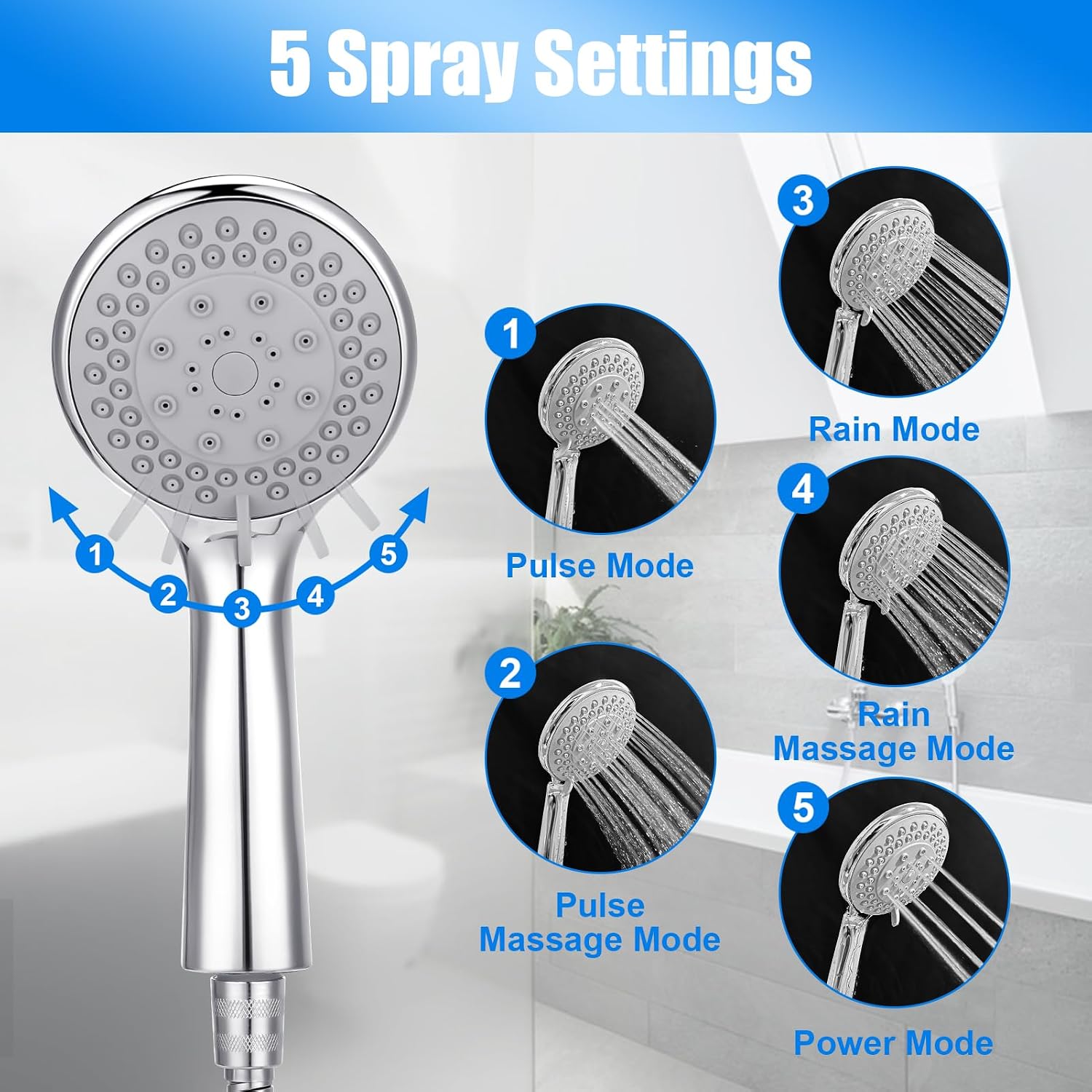 Detachable Handheld Shower Head with Hose - High pressure 5 Functions Showerheads Hand Held Shower Heads,Extra Long 4.7 ft. Stainless Steel Hose and Holder