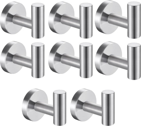 8 Pcs Silver Bathroom Towel Hook Robe Towel Hooks Coat Wall Hook Stainless Steel Heavy Duty Door Hanger Towel Robe Clothes Cabinet Closet Sponges Hook for Bathroom Bedroom Kitchen Hotel Pool