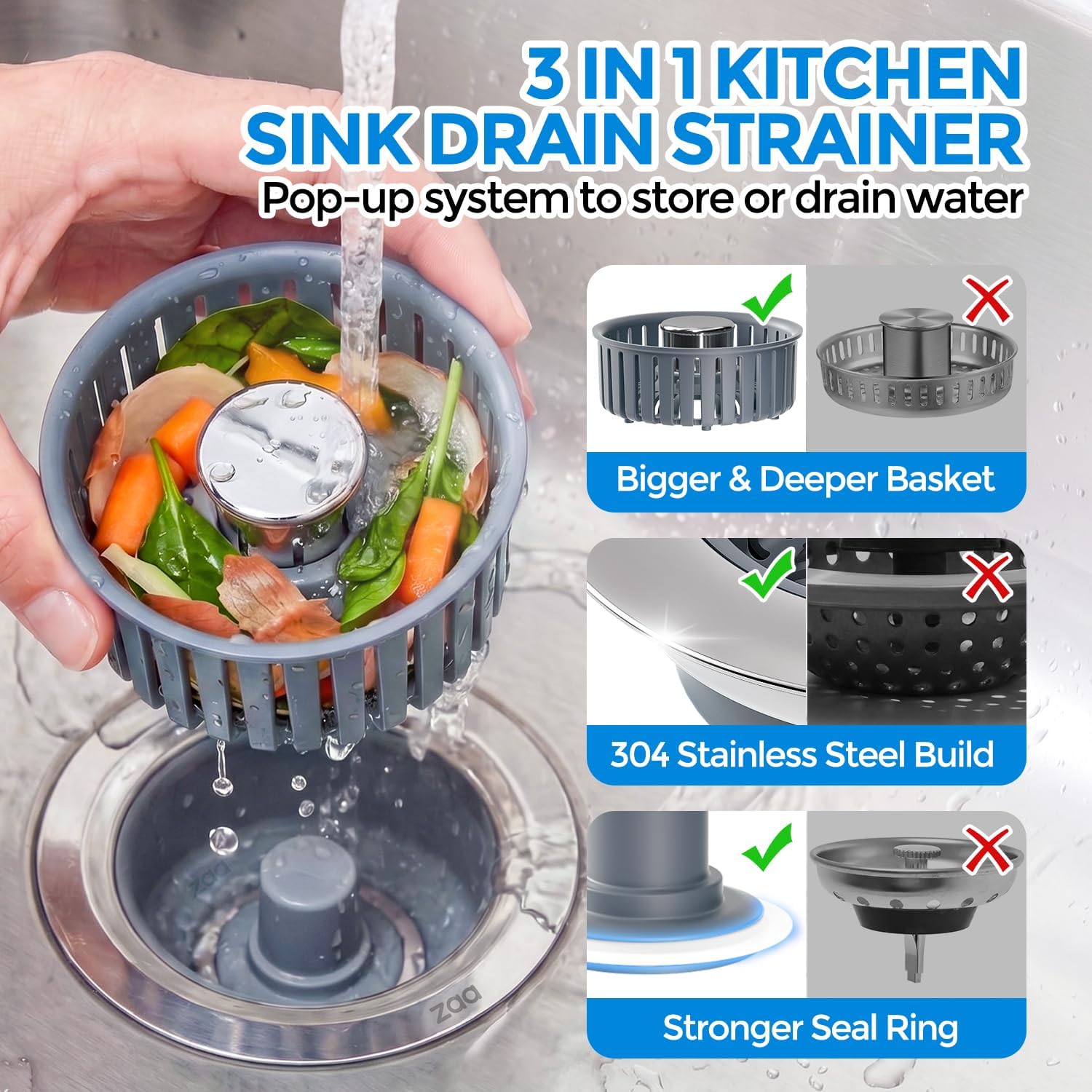 zaa 3 in 1 Kitchen Sink Drain Strainer Stopper Removable Basket Pop-Up
