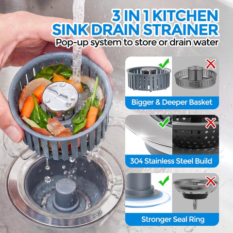 zaa 3 in 1 Kitchen Sink Drain Strainer Stopper Removable Basket Pop-Up