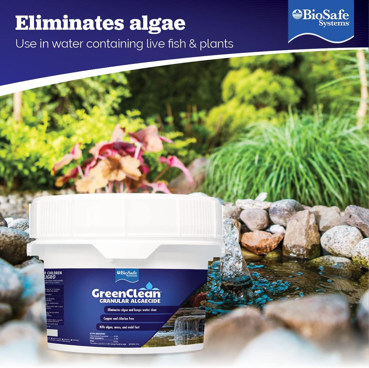 GreenClean Granular Algaecide, 20 lbs, String Algae Control for Koi Ponds, Fountains, Waterfalls, Water Features on Contact, EPA Registered