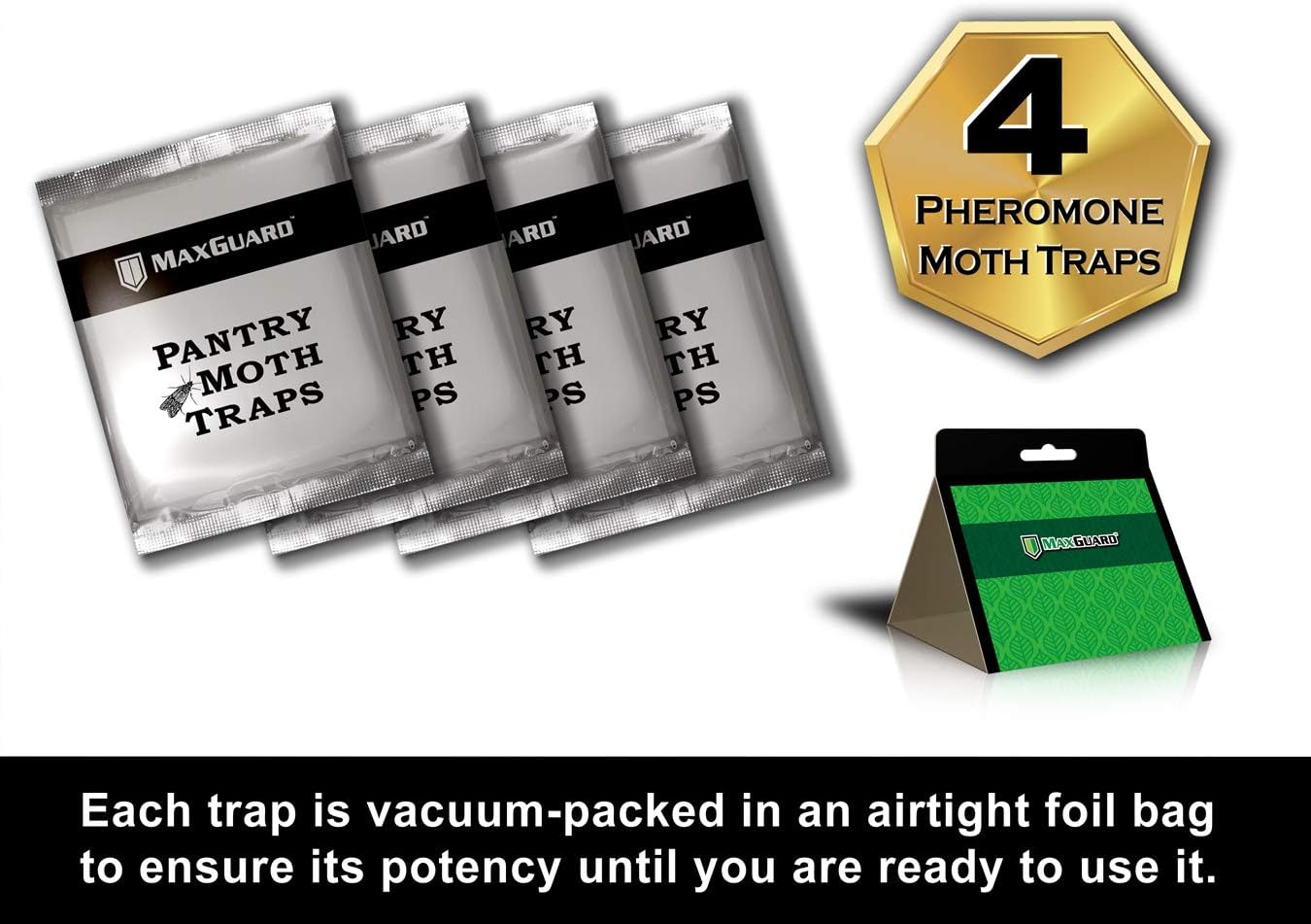 MaxGuard Pantry Moth Traps (4 Traps Trial Pack) Extra Strength Pheromones | Non-Toxic Sticky Glue Trap for Food and Cupboard Moths in Your Kitchen | Trap and Kill Seed Grain Flour Meal Moths |